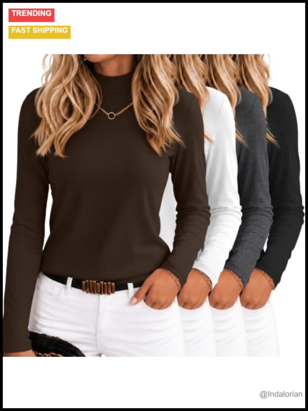 Women's Long Sleeve Cotton Mock Turtleneck T-Shirt 4 Pack